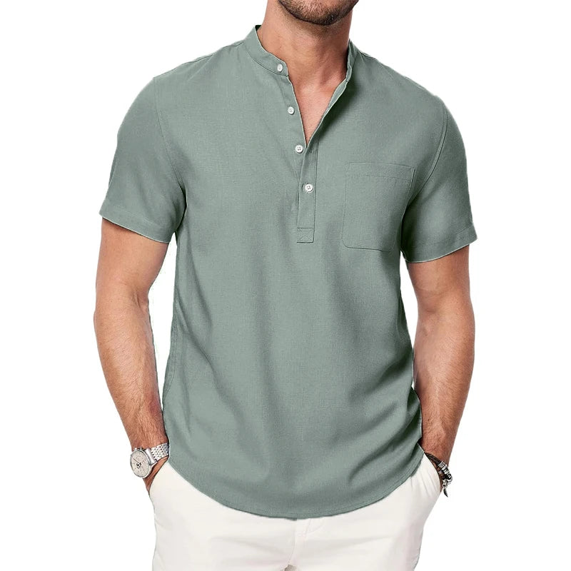 Men’s Short Sleeve Henley Pocket Casual Beach Shirt