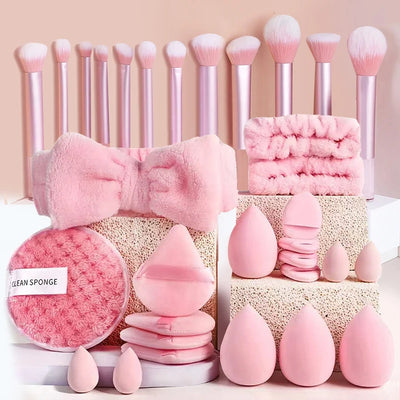 Pink Makeup Puff & Brush Set 20-32pcs Beauty Kit