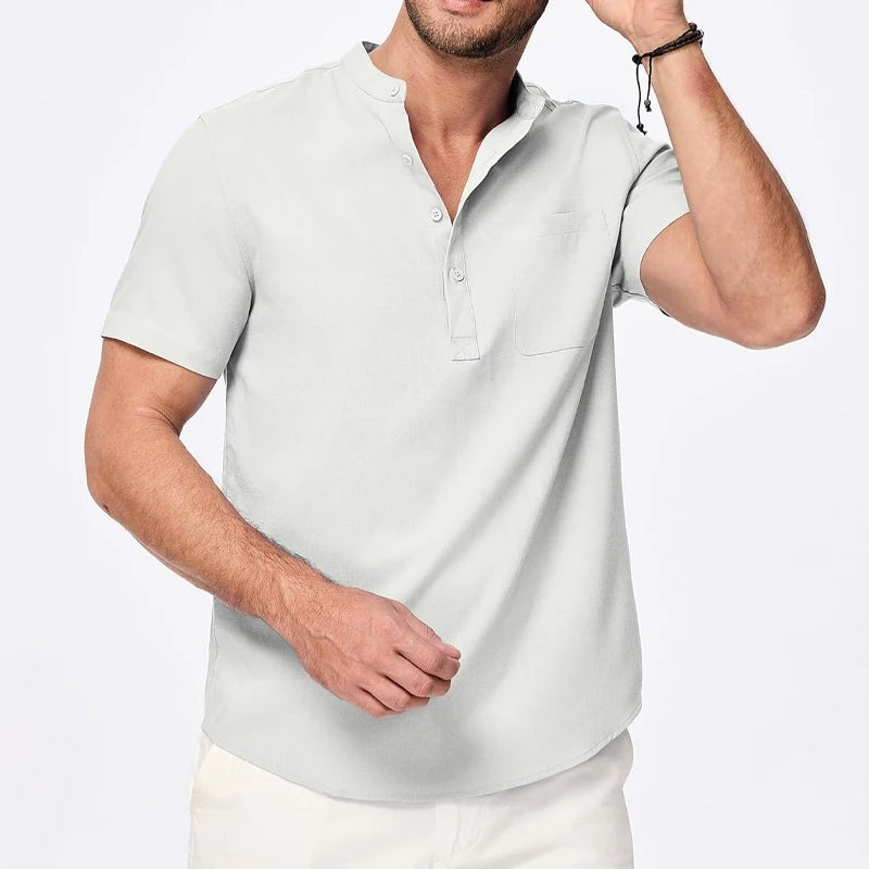 Men’s Short Sleeve Henley Pocket Casual Beach Shirt