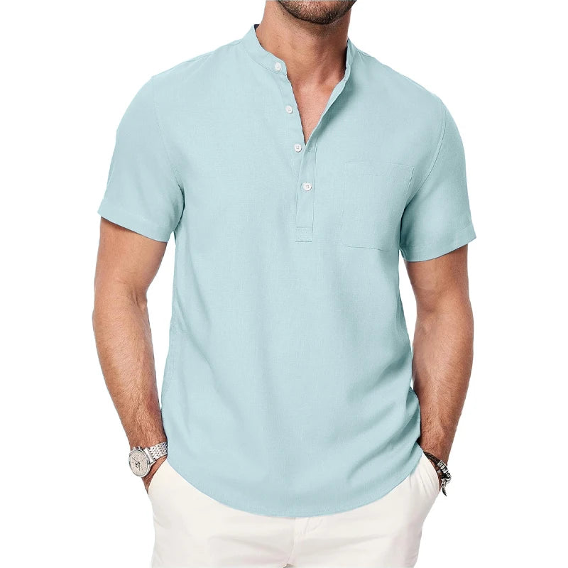Men’s Short Sleeve Henley Pocket Casual Beach Shirt