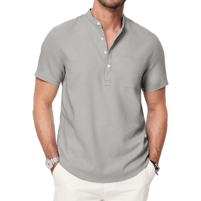 Men’s Short Sleeve Henley Pocket Casual Beach Shirt