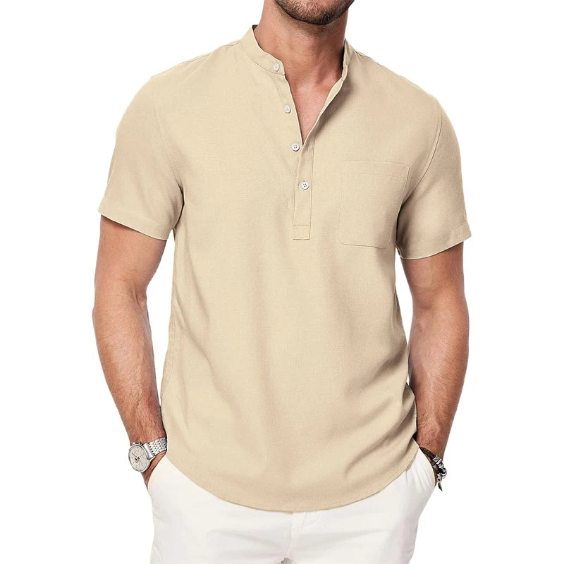 Men’s Short Sleeve Henley Pocket Casual Beach Shirt