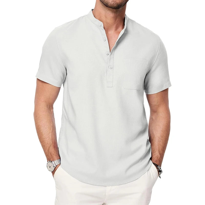 Men’s Short Sleeve Henley Pocket Casual Beach Shirt