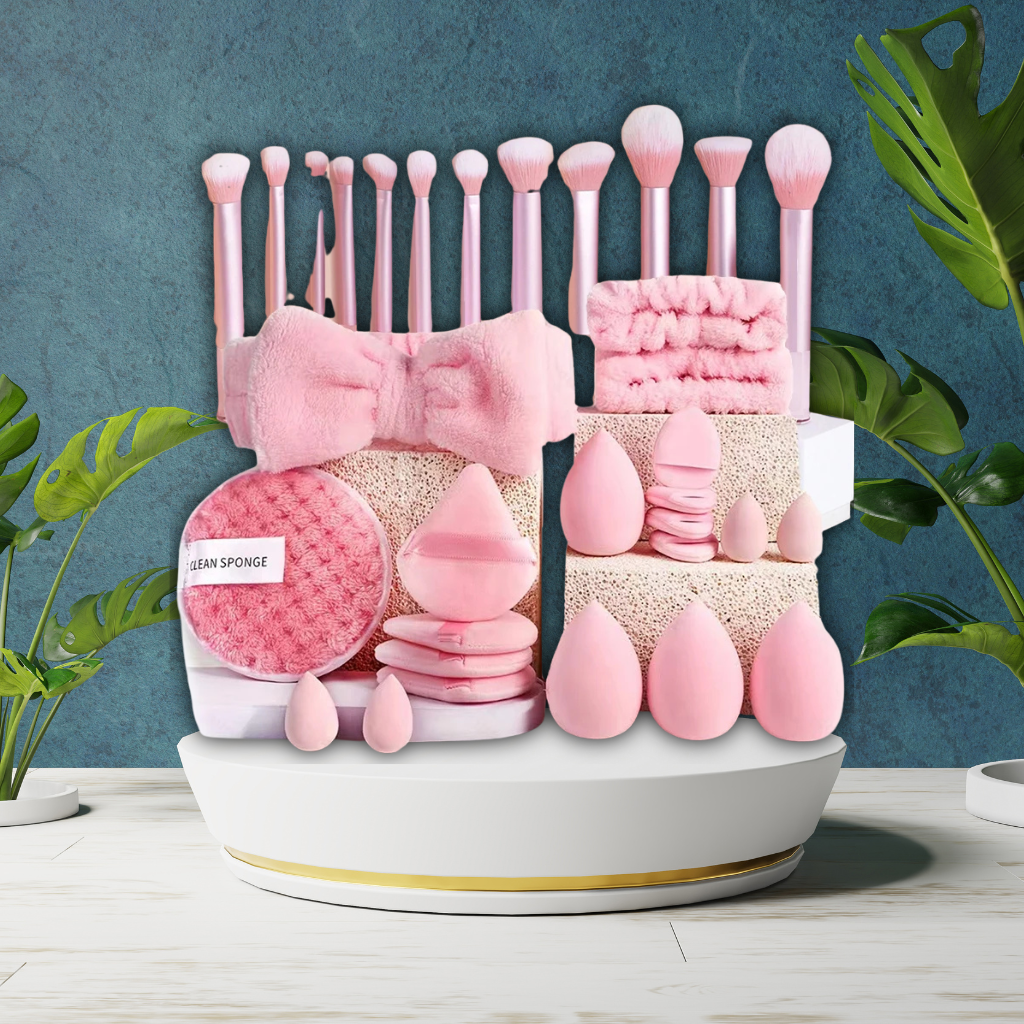 Pink Makeup Puff & Brush Set 20-32pcs Beauty Kit